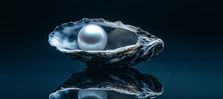 Studio Shot of a Luminous Pearl Resting in an Open Oyster Shell, Isolated on Dark Blue Backgroundの素材