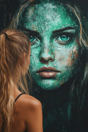 Female Artist With Ponytail Adds Details To Large, Green, Textured Portrait, Urban Creativityの素材