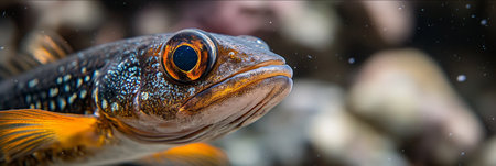 Close-up Portrait of an Orange and Black Reef Fish with Striking Eyes in a Natural Aquarium Settingの素材