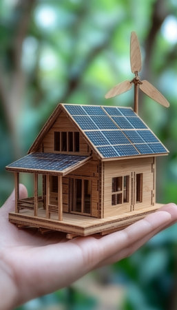 Miniature Eco-Friendly Home with Solar Panels and Wind Turbine, Sustainable Living Conceptの素材