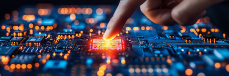Finger Activating Futuristic Microchip on Illuminated Circuit Board, Advanced Technology Conceptの素材