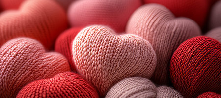 Close Up Of Red And Pink Knitted Heart Shaped Objects, For Winter Prints, High Resolutionの素材