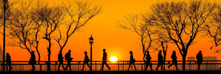 Silhouettes of People Walking on Bridge with Scenic Orange Sunset Sky, Framed by Treesの素材