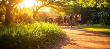 Golden Hour Fitness A Diverse Group Of People Enjoying A Scenic Evening Walk In The Park.の素材