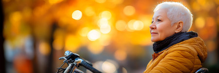 Golden Hour Contemplation Thoughtful Senior Woman Enjoys Autumn s Embrace on a Peaceful Bike Rideの素材