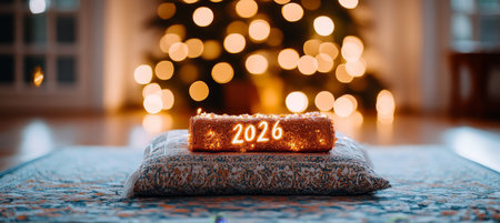 New Year 2026 Shining Light Box on Cushion By Glowing Christmas Tree with Decorationsの素材