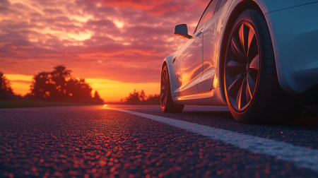 Electric Car on Open Road at Sunset with Copy Space, Atmospheric Automotive Photographyの素材
