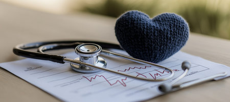 Knitted Heart, Stethoscope, and Electrocardiogram Symbol of Wellness and Cardiac Care.の素材