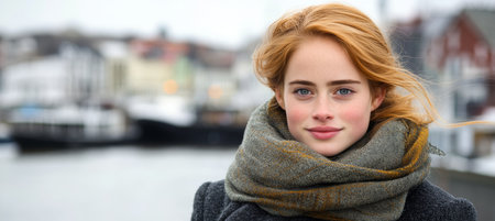 Portrait of a Beautiful Young Woman with Freckles Wearing an Olive Green Scarf on a Blustery Dayの素材