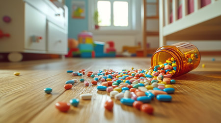 Colorful Pills Spilled From Container on Floor Potential Child Safety Hazard in Playroom.の素材