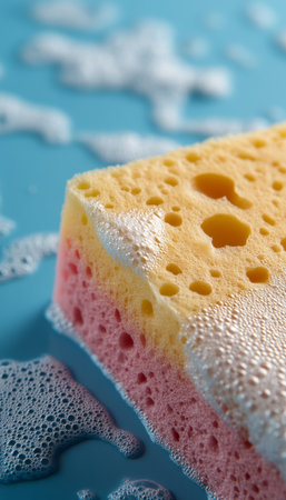 Vibrant soapy sponge close up  capturing texture and shine with a blurred sink backgroundの素材