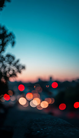 Blurred City Lights at Dusk, Urban Landscape With Colorful Bokeh Effect and Twilight Skyの素材