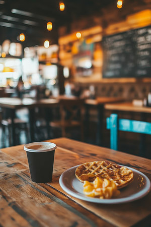 Rustic Cafe Ambiance Empty Table with Coffee and Waffles, Inviting Setting for Food Photographyの素材