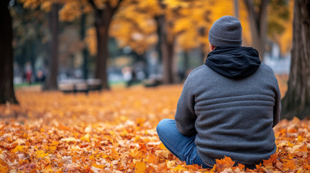 Autumn Tranquility Senior Man Finds Peace Amidst Falling Leaves in Serene Park Setting.の素材