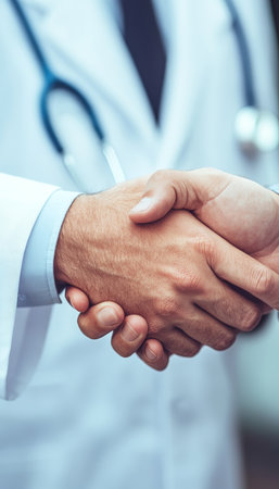 Doctor And Patient Shaking Hands In Hospital Setting, Expressing Trust And Medical Care Concept.の素材