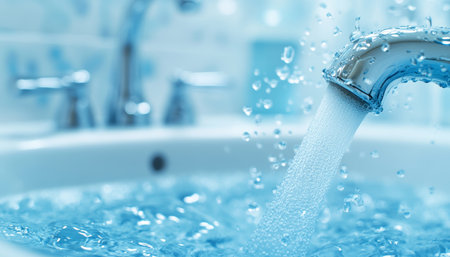 Fresh, Clean Water Flows from a Shiny Faucet into a Sparkling Sink, Creating a Refreshing Splash.の素材