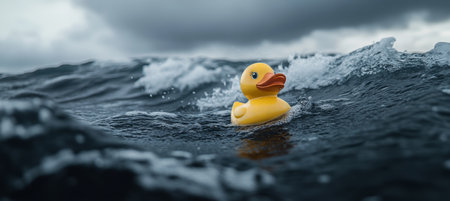A Small Yellow Rubber Duck Toy Braving the Rough Sea on a Stormy Day Under a Dark Sky, Stock Photoの素材
