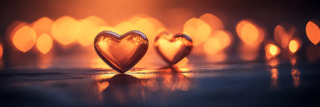 Two Golden Glowing Sparkling Hearts On Abstract Warm Love Blurred Bokeh Background. Romantic Bannerの素材