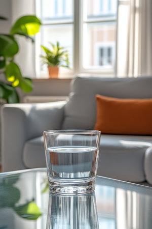 Glass Of Refreshing Water On The Table Minimalist Interior Design With Couch And Plantsの素材