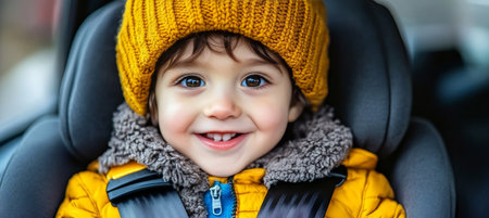 Portrait, Happy Toddler Boy in Yellow Knit Hat Securely Fastened in Car Seat, Smiling Joyfullyの素材