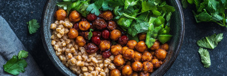 Close-up, Vibrant, Healthy Bowl with Chickpeas, Grains, and Fresh Herbs for Vegan Lifestyleの素材