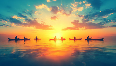 Sunset Paddlers Kayaking into the Golden Horizon, Orange and Blue Sky Reflections at Twilight.の素材