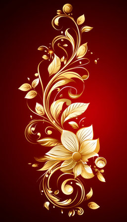 Golden Filigree, a Vertical Floral Pattern Adorned with Golden, Ornate Elements on Red Background,の素材