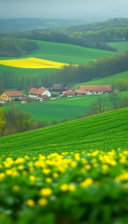 Springtime Harmony Idyllic Countryside Scene with Rolling Hills and Vibrant Green and Yellow Fieldsの素材