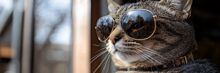 Close-up of Tabby Cat Wearing Mirrored Aviator Sunglasses with Vibrant Background Reflectionsの素材