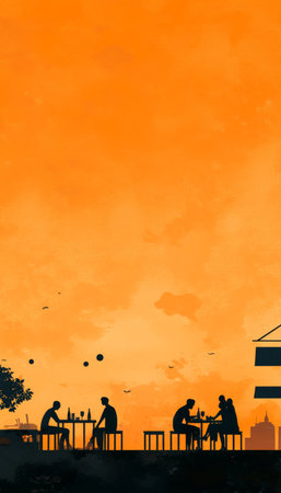 Silhouettes of People Enjoying Drinks and Conversation on a Rooftop Terrace at Sunset.の素材