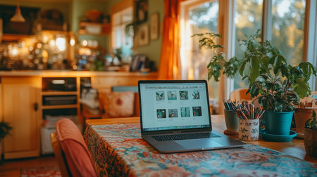 Cozy Home Office Laptop on Desk with Plant, Perfect for Productivity and Entrepreneurship Articlesの素材