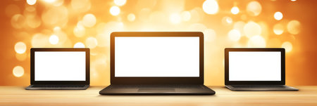 Three Laptop Computers With Blank Screens On A Wooden Desk And Golden Bokeh Backgroundの素材