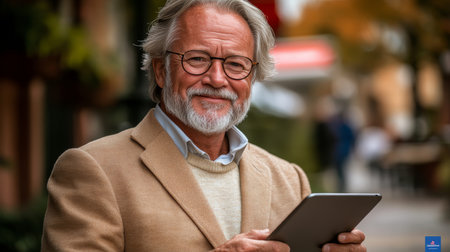Smiling Senior Man Using Digital Tablet Outdoors. Technology, Age, and Lifestyle Concept.の素材