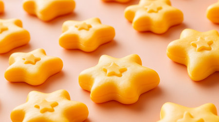 Pattern of bright yellow star-shaped candy on a peach background, summery treat concept.の素材