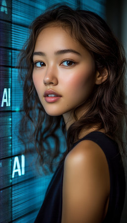 Young Woman, AI Letters, And Digital Background A Modern Portrait Exploring Technology Concepts.の素材
