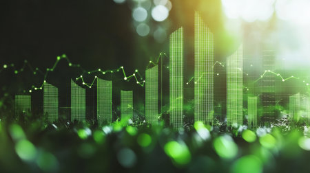 Abstract Green Finance Background, Charts And Graphs With A Bright Focus, Blurred Modern Feelの素材
