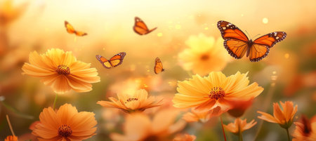 Magical Field. Butterflies Fluttering Over Orange Wildflowers In Golden Hour Sunlight.の素材