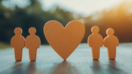 Four Wooden Figures Stand With a Large Heart Between Them, Charity and Social Services Concept.の素材