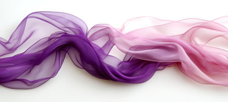 Flowing Silk Abstract Purple and Pink Fabric Gracefully Draped Against a White Backgroundの素材