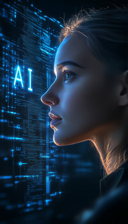 Portrait of Beautiful Woman. AI, Artificial Intelligence And Modern Technology Concept.の素材