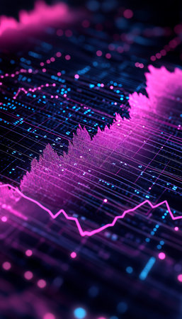 Abstract Financial Data Visualization Glowing Charts On Circuit Board, Depth Of Fieldの素材