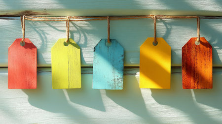 Five Colorful Blank Rustic Sale Price Tags Hanging on a String Against a Blue Wooden Wallの素材