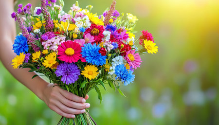 Woman s Hand Holding a Colorful Wildflower Bouquet, Bright Summer Day in a Meadow, Nature s Beautyの素材