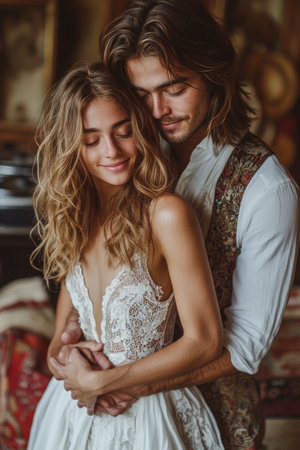 Bohemian Bride and Groom in Romantic Embrace, Vintage-Inspired Indoor Wedding Portraitの素材