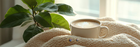 Steaming Cup of Coffee on Cozy Knit Blanket with Green Plant, Perfect for Winter Morningの素材
