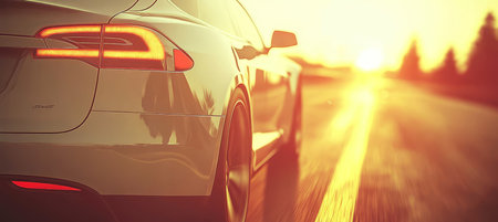 Luxury Electric Car Golden Hour Road Trip - Sustainable Travel Concept with Copy Spaceの素材