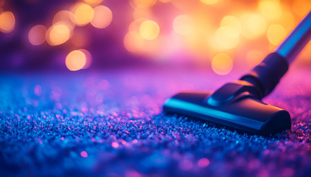 Close-Up Vacuuming Sparkle Carpet Home Cleaning Concept In Atmospheric Evening Lightの素材