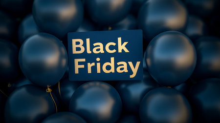 Black Friday Sale Banner With Gold Text On Blue Balloons Background, Online Shopping Conceptの素材