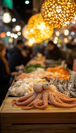 Fresh Octopus on Display at a Bustling Asian Night Market, Surrounded by a Variety of Seafood.の素材