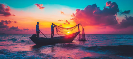 Fishermen Casting Net From Boat At Sunset, Vibrant Sky, Golden Hour, Ocean Tranquilityの素材